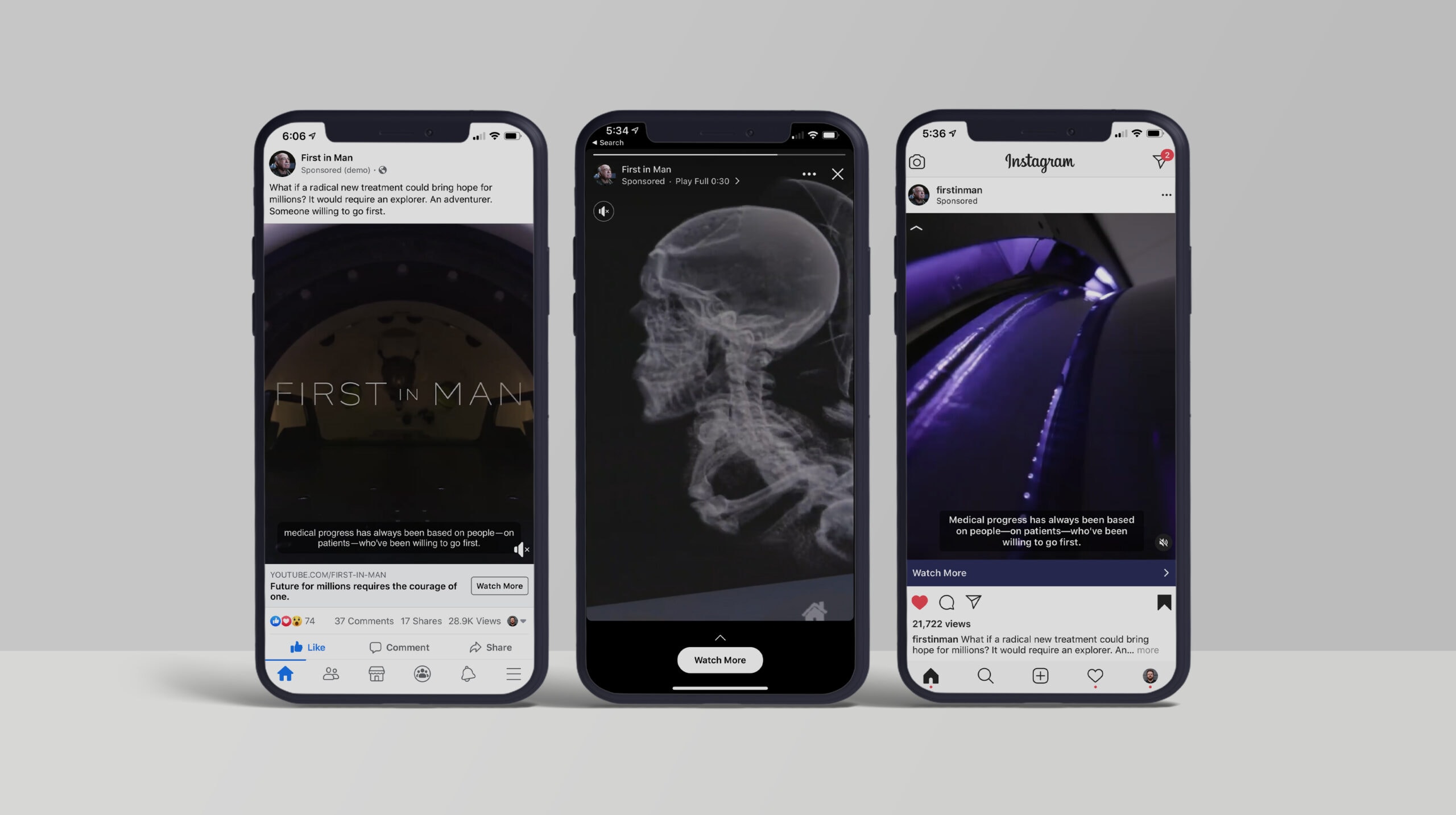 Three iPhones displaying promotional advertising for First in Man Film