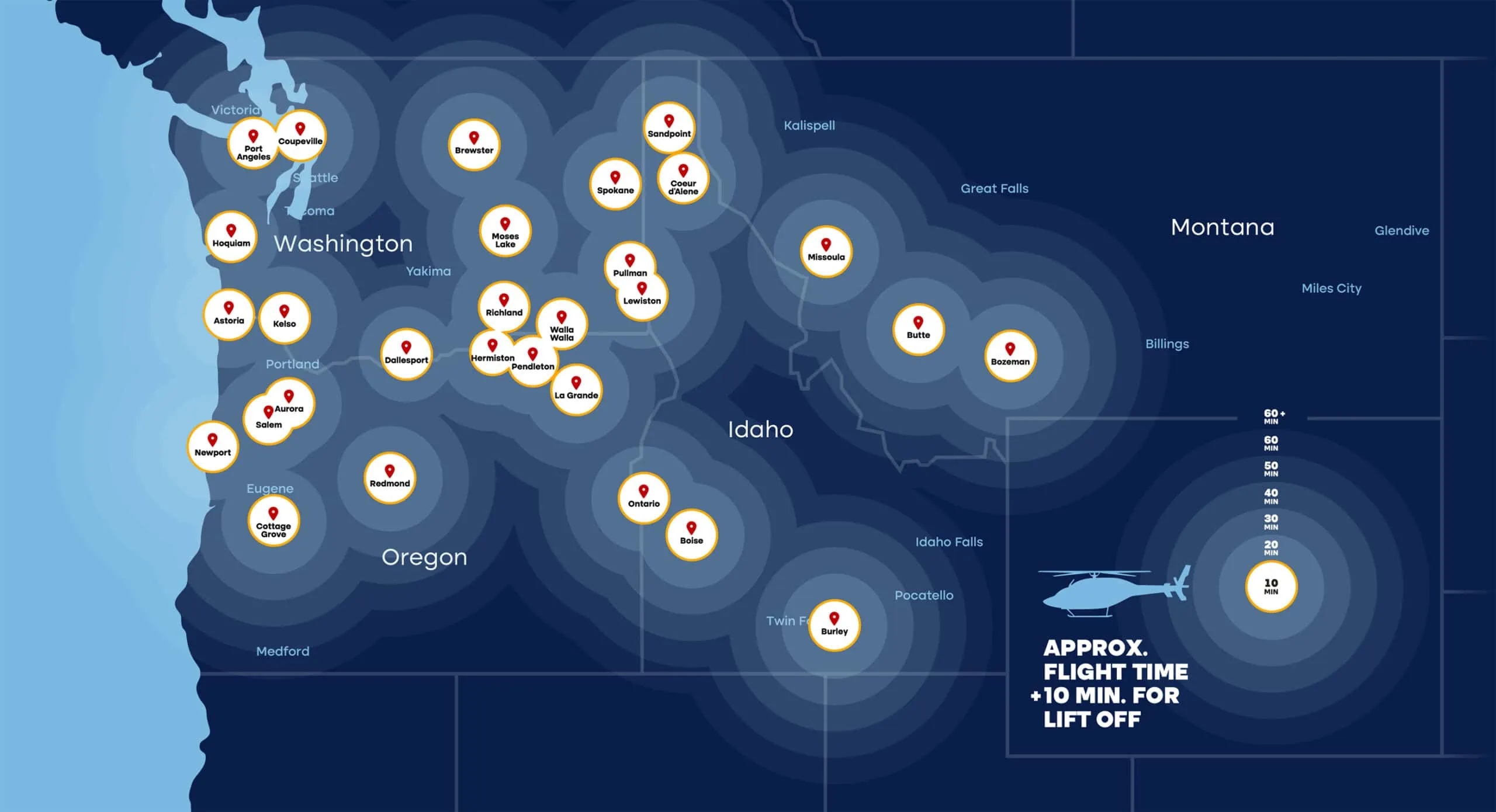 Infographic Map of time to location for Life Flight network