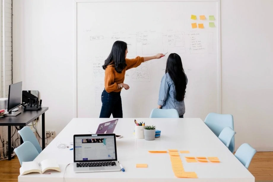 Two women doing work on a white board